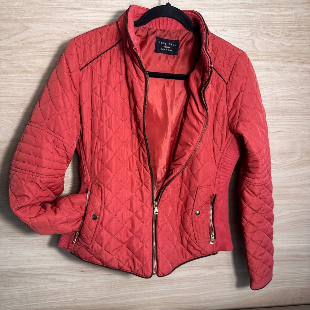 Love Tree Quilted Fitted Medium Ultra Light Packable Jacket Puffer Full Zip Rust